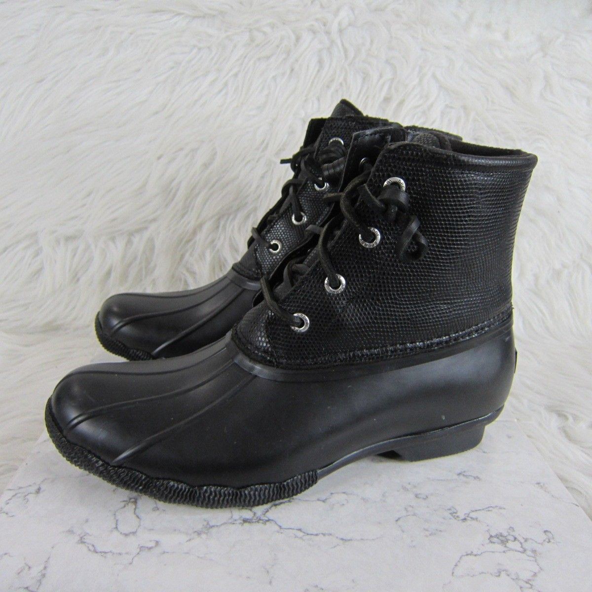 Sperry Women's Size 8 Black Saltwater Serpent Leather Top-Sider Duck Boots — image 4 of 8